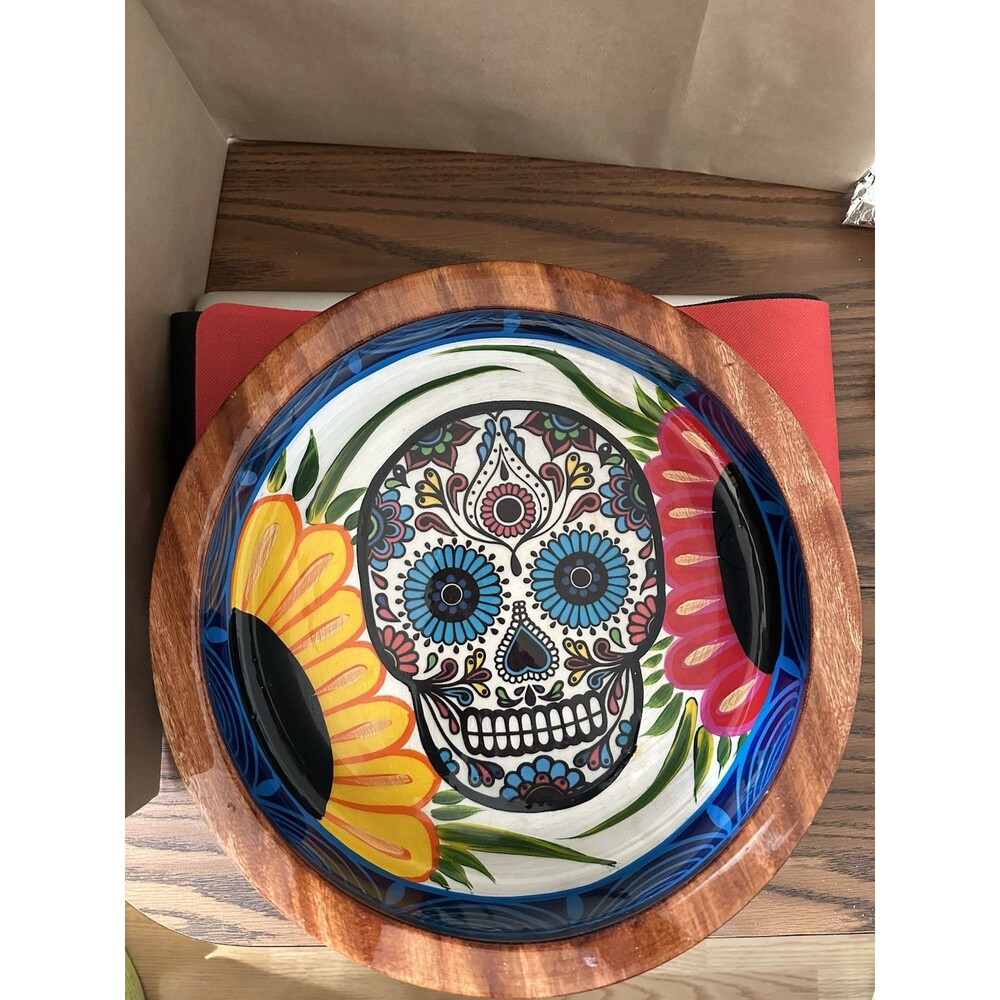 Mexican Lacquered Wooden Bowl(dis De Los Muertos) Hand Painted 12” Dia 4” High